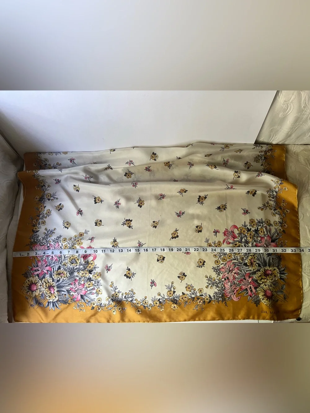 Pure silk scarf made in Italy with delicate florals and a rare circle metal clip